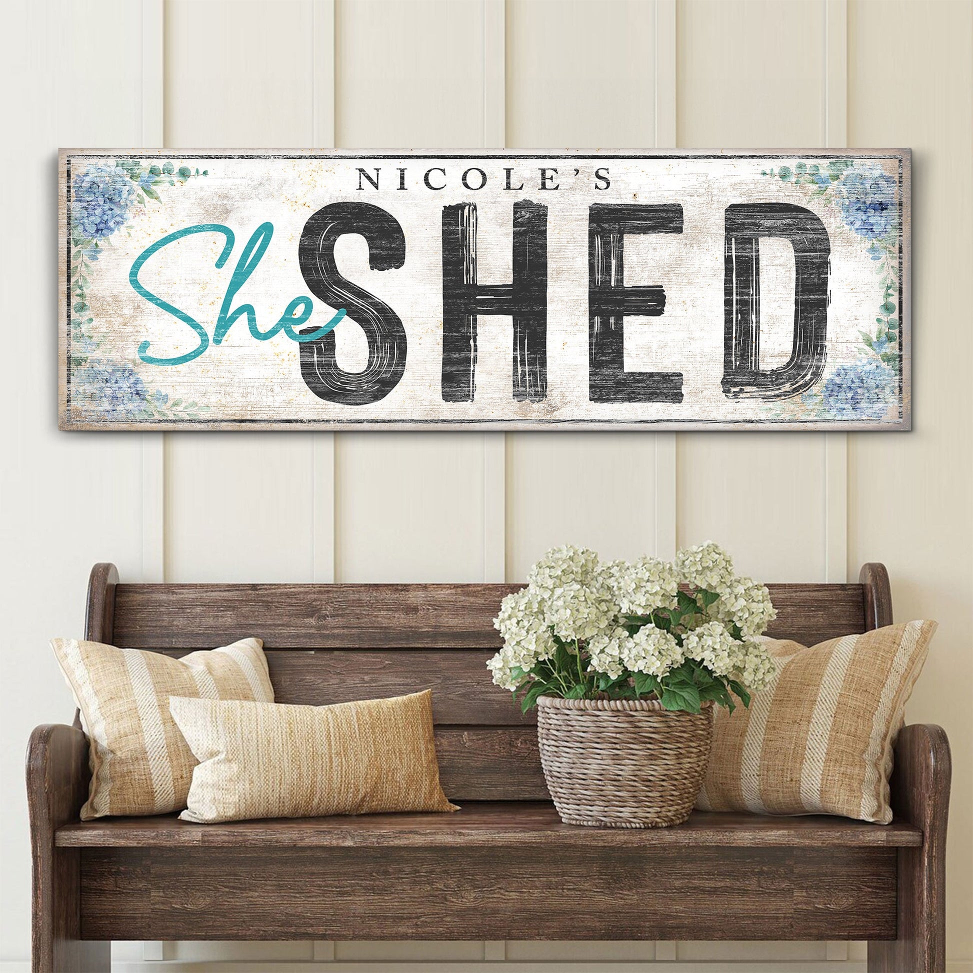 She Shed Sign XI canvas teal script She bold SHED lettering floral corners Tailored Canvases on Tampa Home & Garden Store