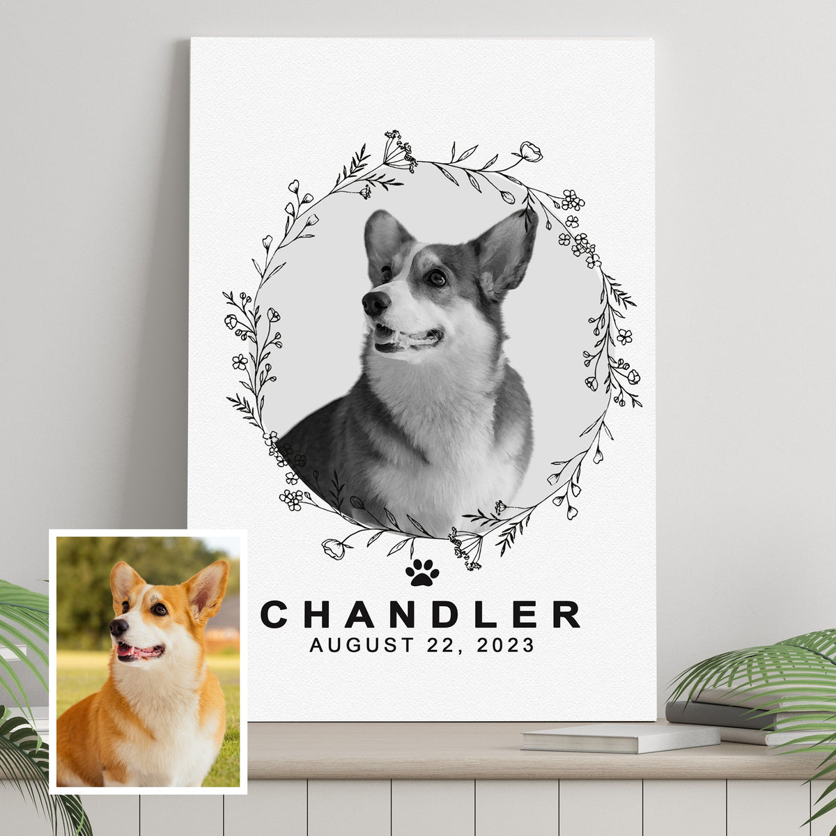 Pet memorial portrait canvas with floral wreath around a dog Chandler on Tampa Home & Garden Store