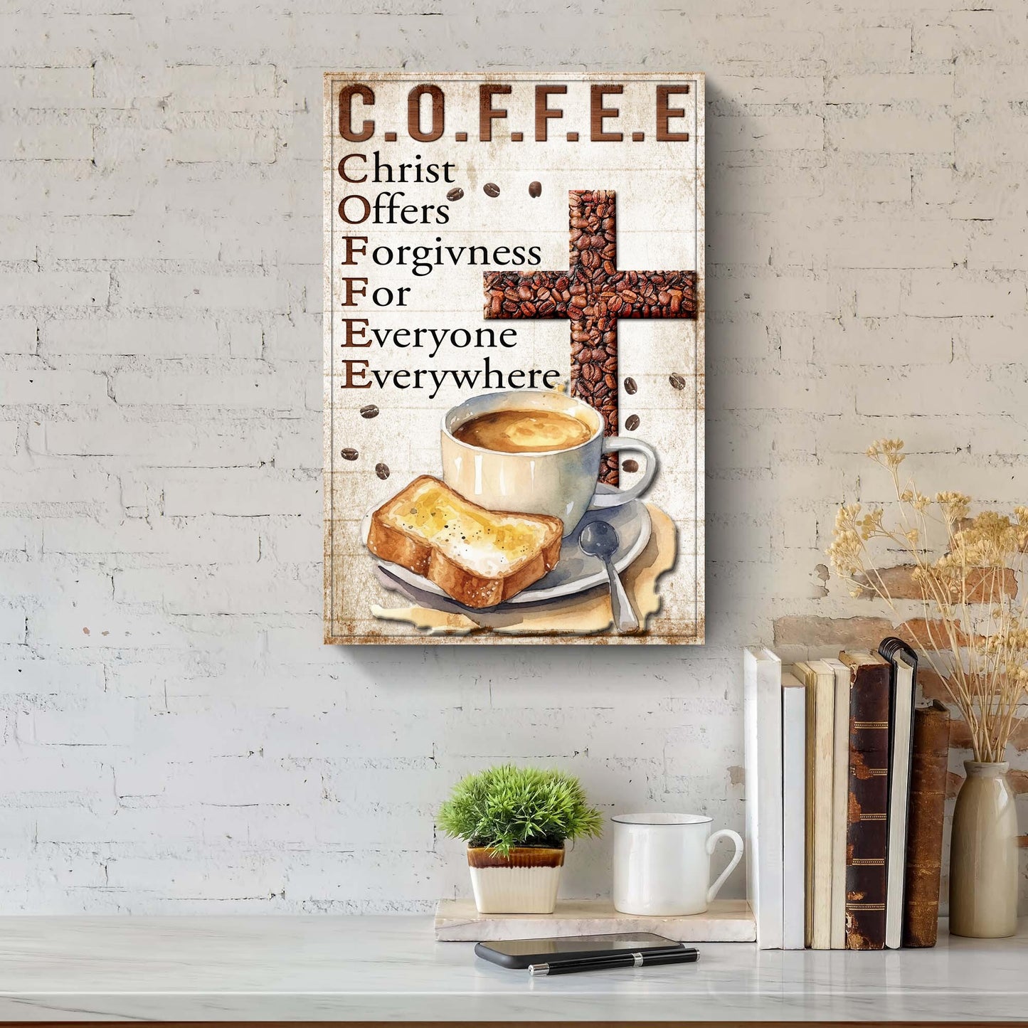 Canvas Christ And Coffee Faith IV by Tailored Canvases with coffee bean cross in browns on Tampa Home & Garden Store