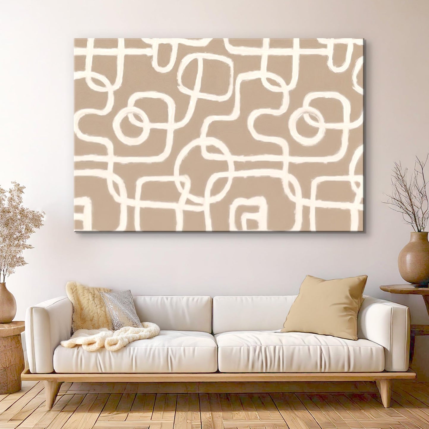 Modern Simple Lines Wall Art canvas by Tailored Canvases in beige with white line pattern on Tampa Home & Garden Store