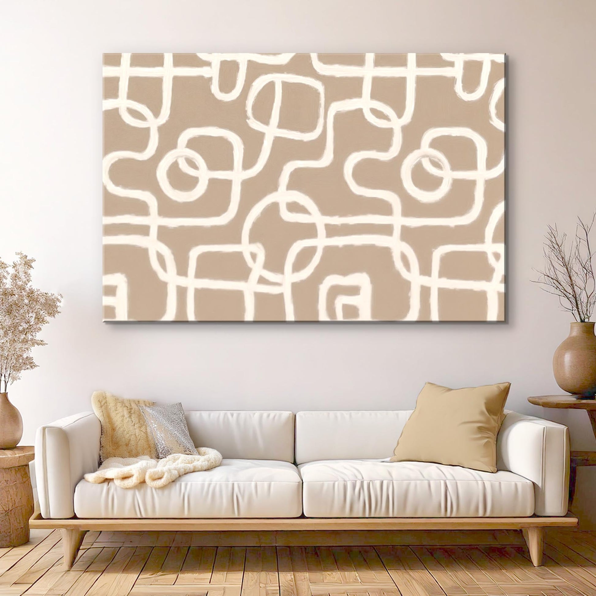 Modern Simple Lines Wall Art canvas by Tailored Canvases in beige with white line pattern on Tampa Home & Garden Store