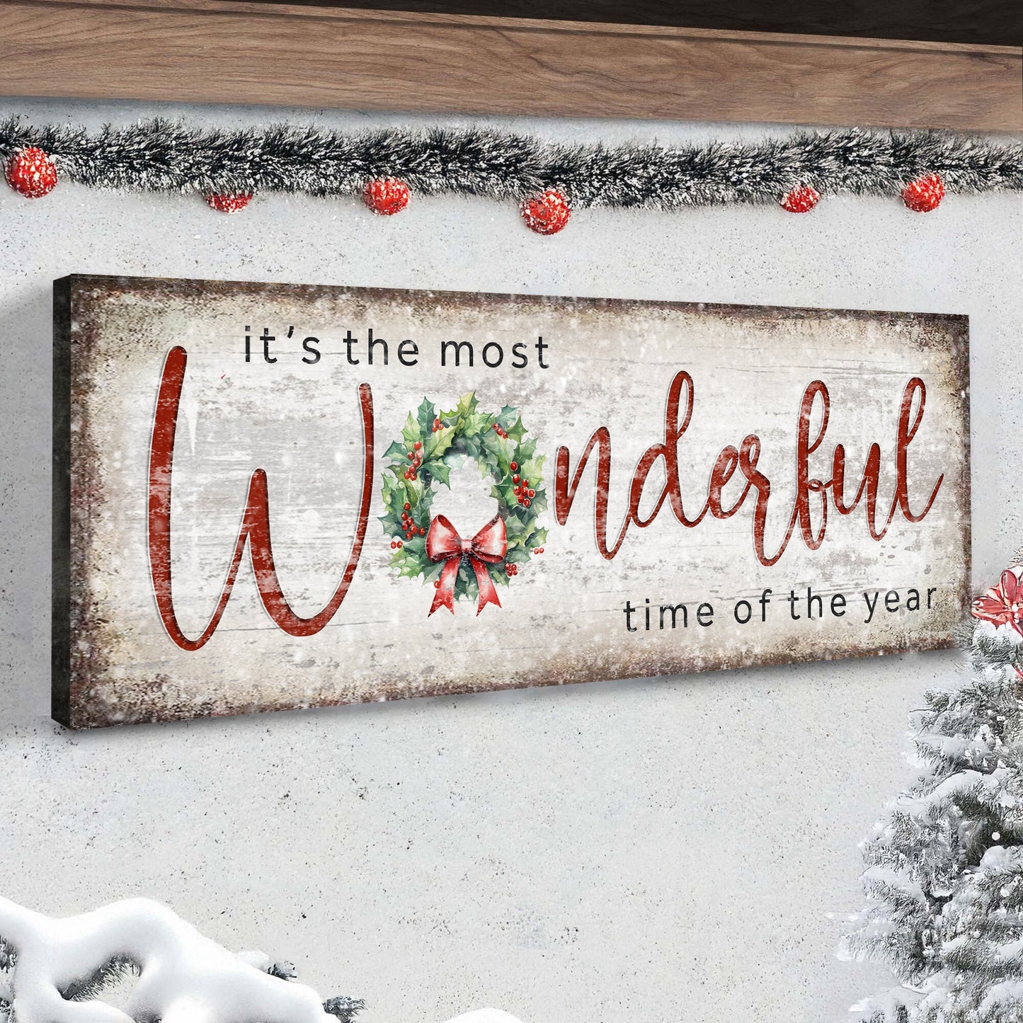 It's the most Wonderful Time of the Year Christmas Sign IV canvas with rustic frame and holly wreath Tailored Canvases on Tampa Home & Garden Store
