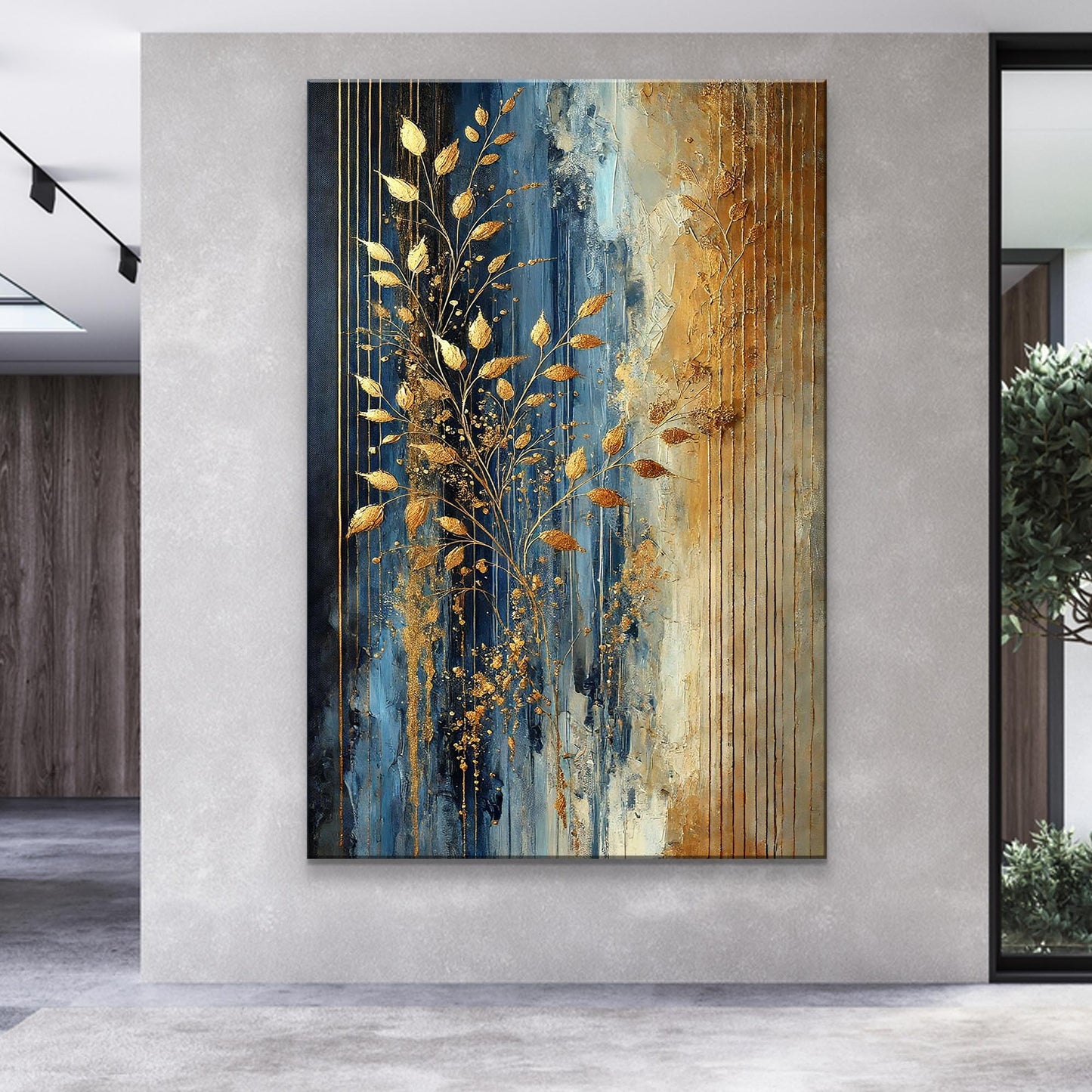 Modern Gold Leaves Wall Art canvas by Tailored Canvases with blue and gold leaf accents on Tampa Home & Garden Store