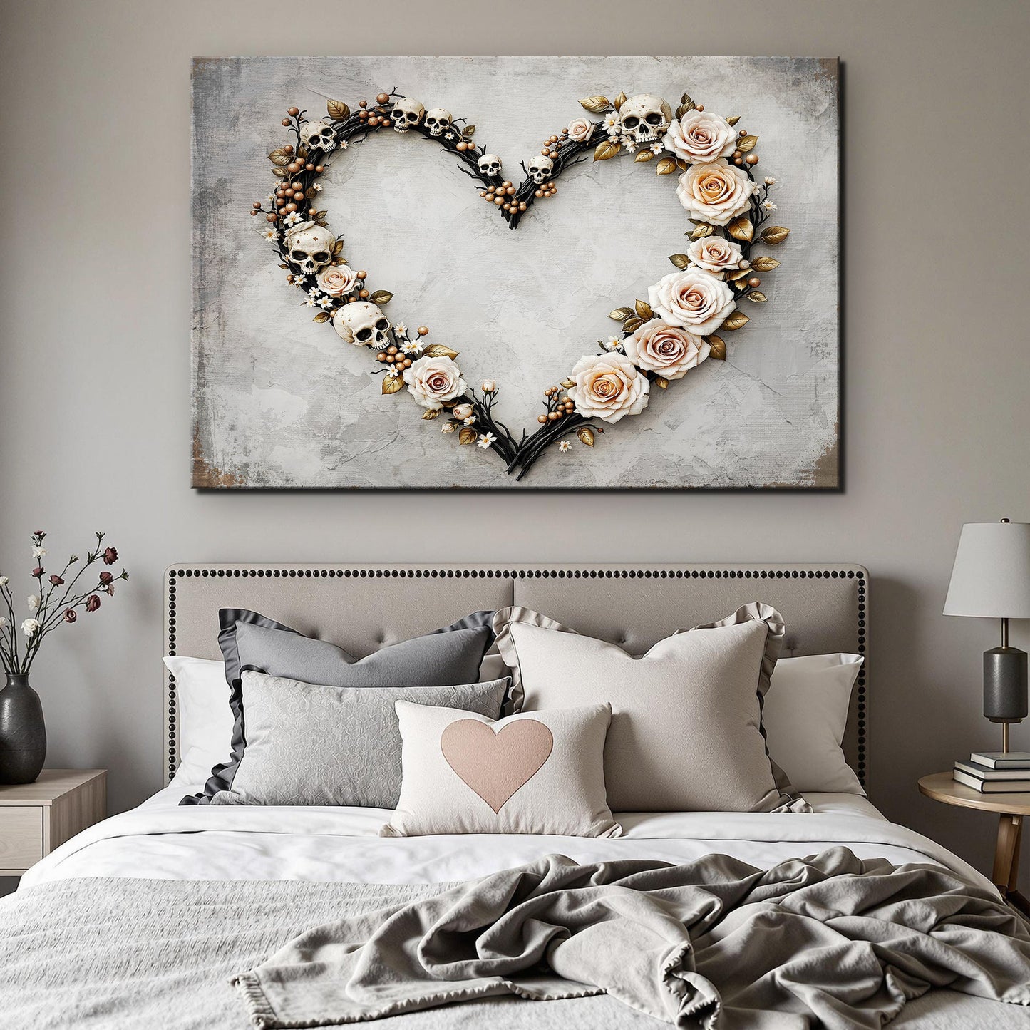 Skull and Flowers Wall Art X canvas with a heart-shaped skull and rose motif on a gray backdrop on Tampa Home & Garden Store