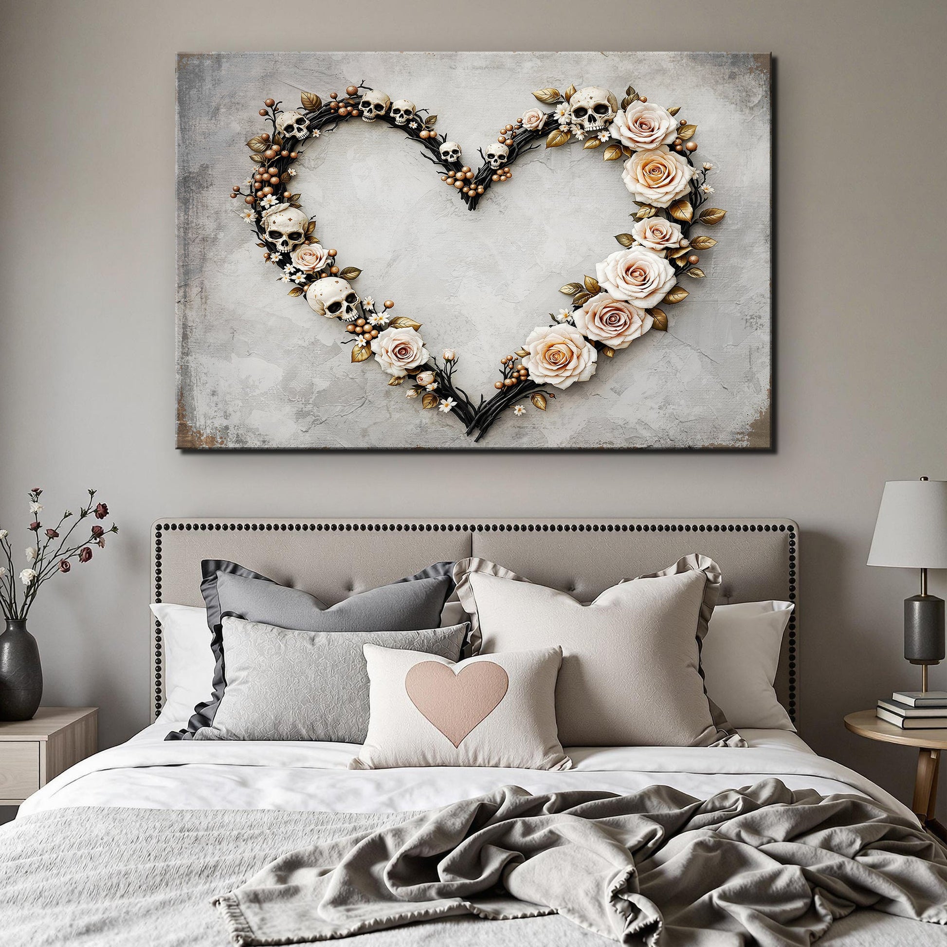 Skull and Flowers Wall Art X canvas with a heart-shaped skull and rose motif on a gray backdrop on Tampa Home & Garden Store