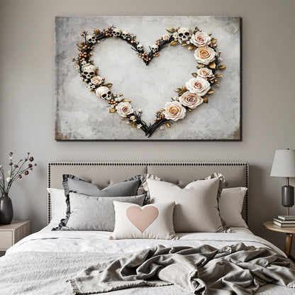 Skull and Flowers Wall Art X canvas with a heart-shaped skull and rose motif on a gray backdrop on Tampa Home & Garden Store