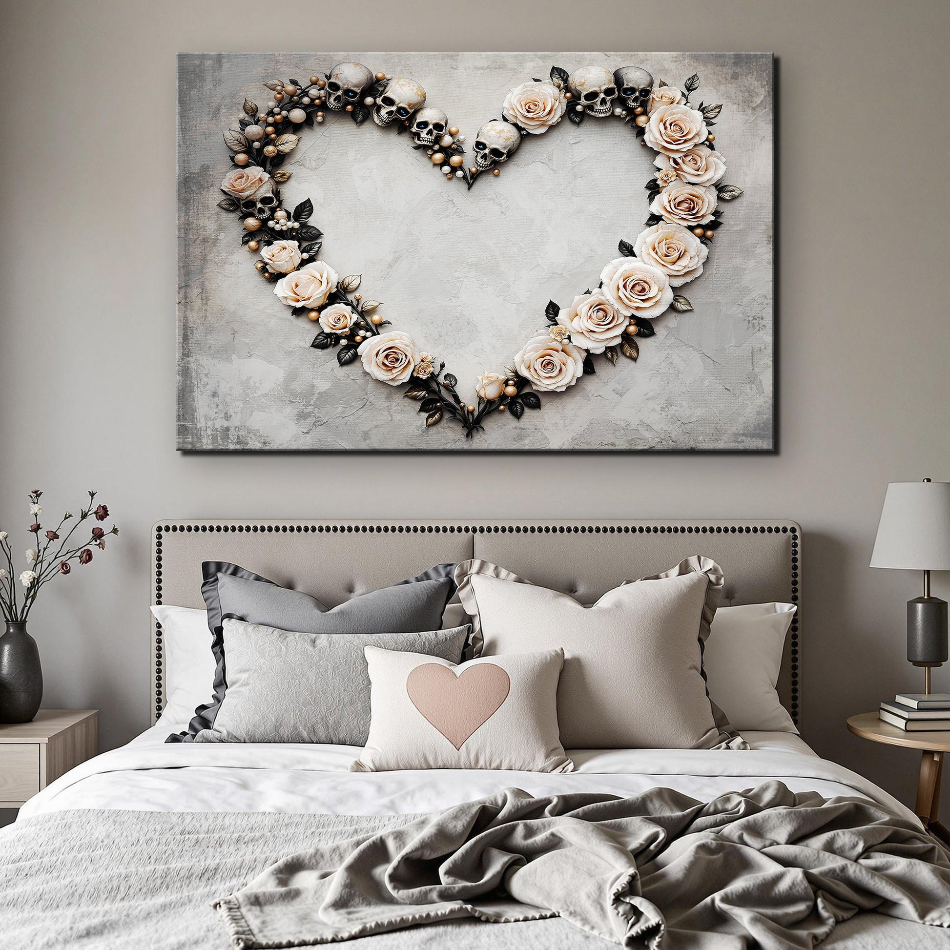 Skull and Flowers Wall Art XI canvas with pale roses and skulls on gray textured background on Tampa Home & Garden Store