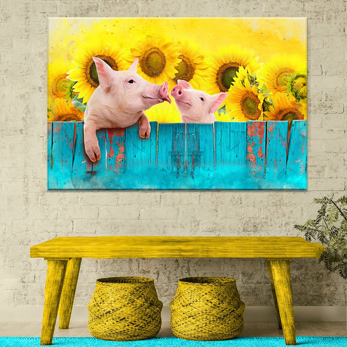 Sunflower Pigs Canvas Wall Art by Tailored Canvases; yellow sunflowers with pink piglets on Tampa Home & Garden Store