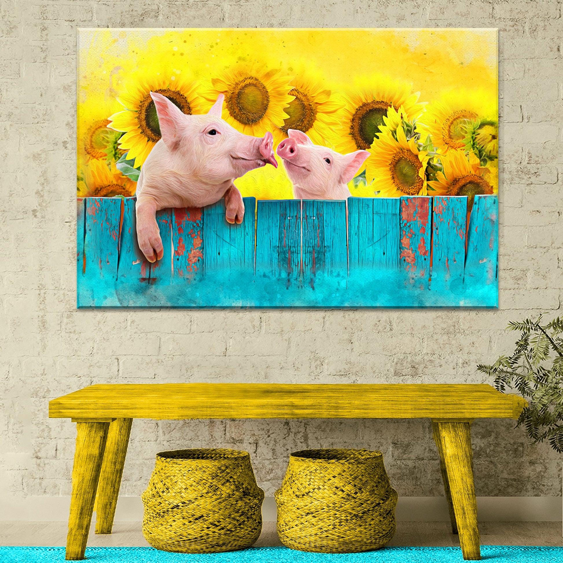 Sunflower Pigs Canvas Wall Art by Tailored Canvases; yellow sunflowers with pink piglets on Tampa Home & Garden Store