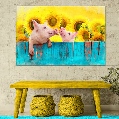 Sunflower Pigs Canvas Wall Art by Tailored Canvases; yellow sunflowers with pink piglets on Tampa Home & Garden Store