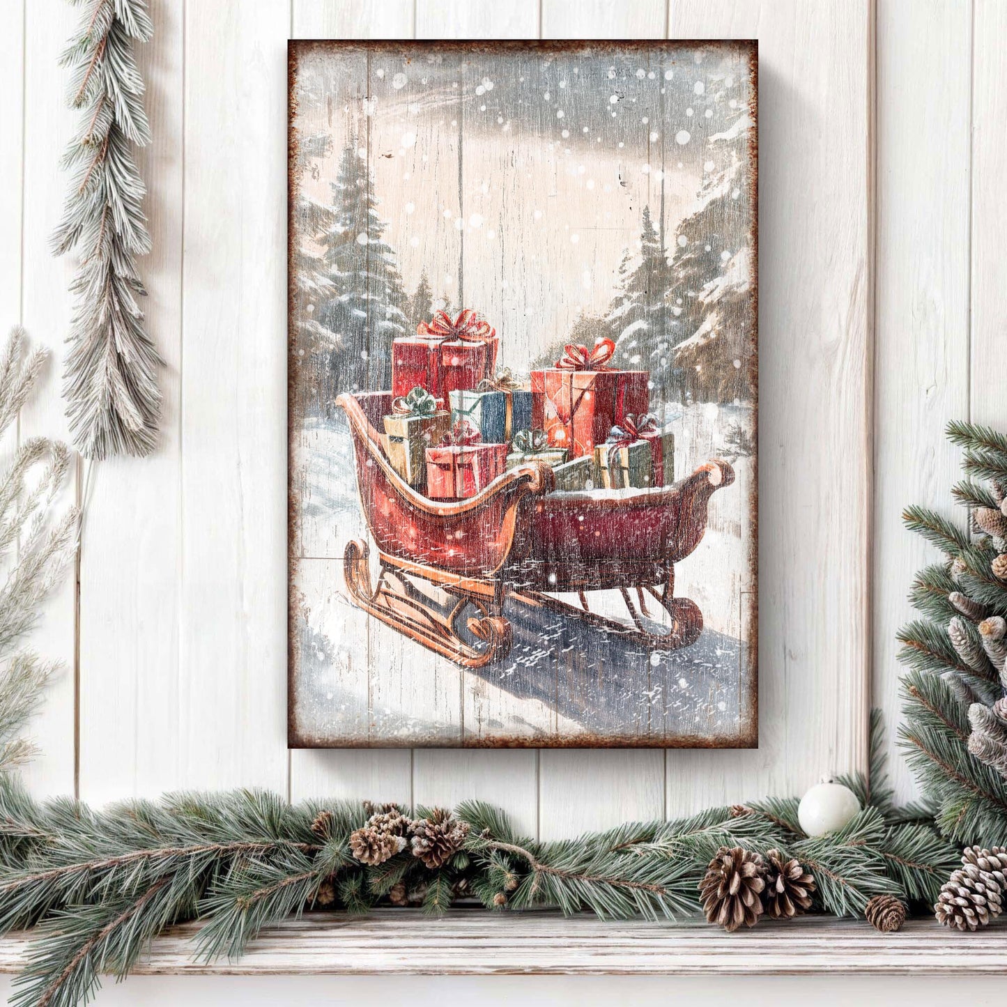 Vintage Christmas Sleigh Sled wall art canvas with stacked gift boxes in snowy rustic scene on Tampa Home & Garden Store