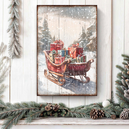 Vintage Christmas Sleigh Sled wall art canvas with stacked gift boxes in snowy rustic scene on Tampa Home & Garden Store