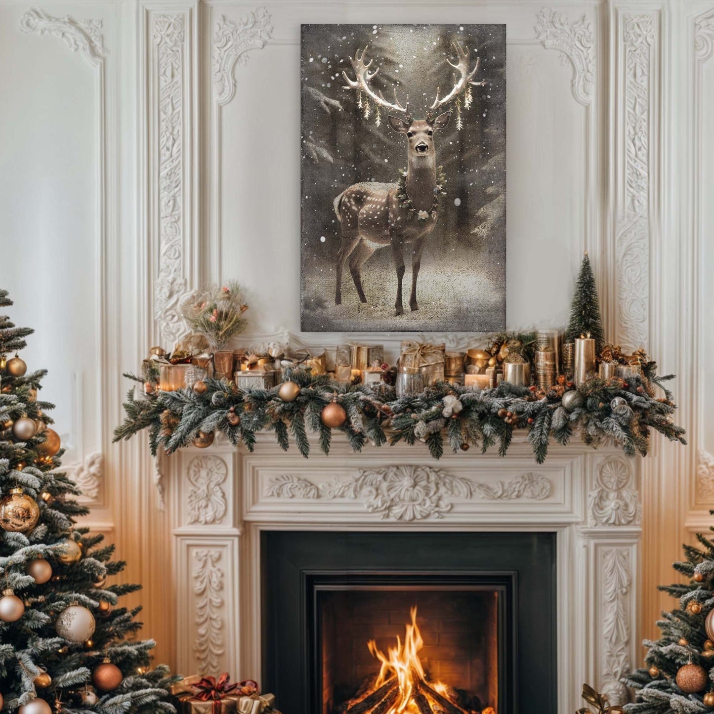 Vintage Winter Deer Christmas Wall Art canvas by Tailored Canvases in muted brown tones on Tampa Home & Garden Store