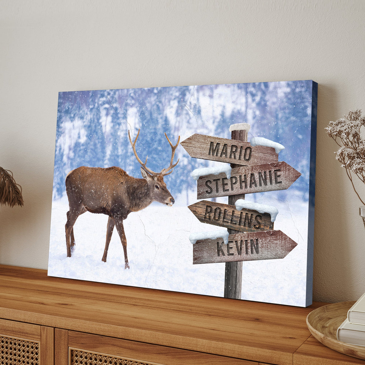 Deer Family Names Sign canvas by Tailored Canvases in snowy woodland with signposts on Tampa Home & Garden Store