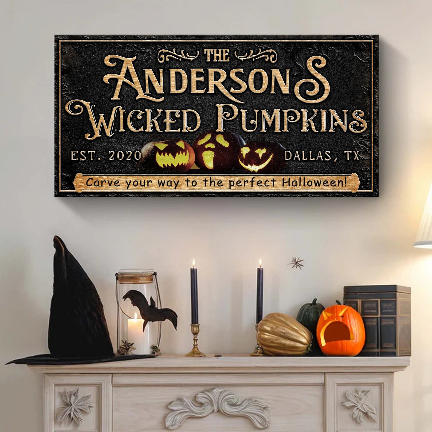 Personalized Wicked Pumpkins Halloween Sign canvas Tailored Canvases with gold lettering on Tampa Home & Garden Store