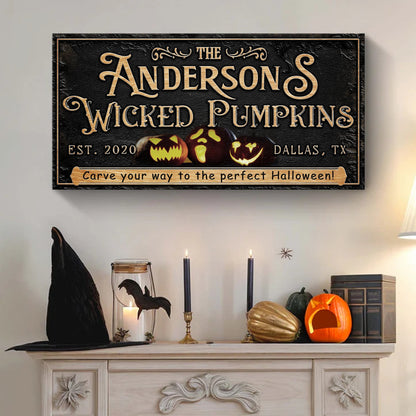 Personalized Wicked Pumpkins Halloween Sign canvas Tailored Canvases with gold lettering on Tampa Home & Garden Store