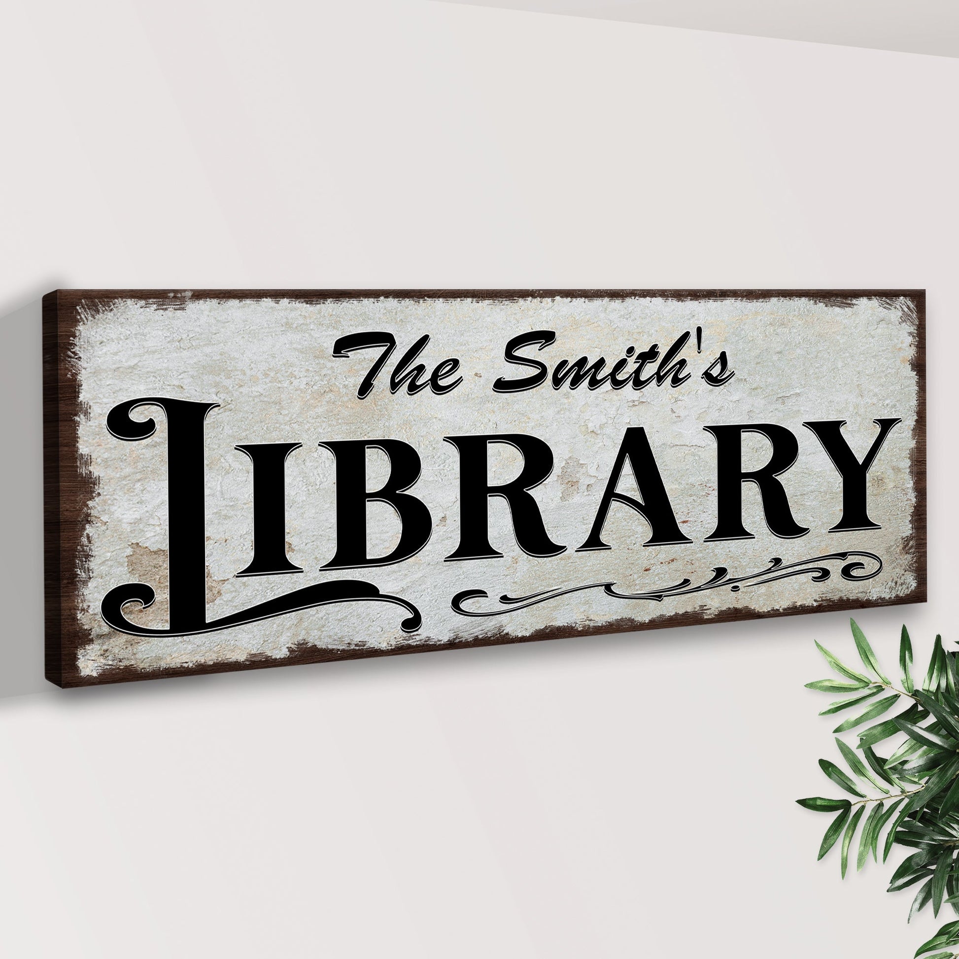 Personalized Library Sign III canvas by Tailored Canvases with vintage parchment and bold LIBRARY lettering on frame on Tampa Home & Garden Store