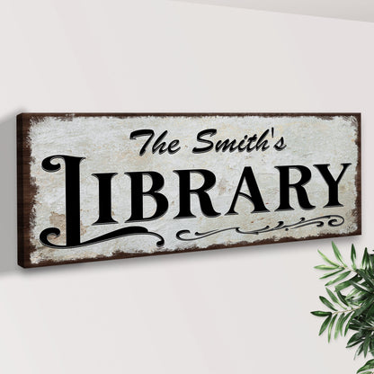 Personalized Library Sign III canvas by Tailored Canvases with vintage parchment and bold LIBRARY lettering on frame on Tampa Home & Garden Store