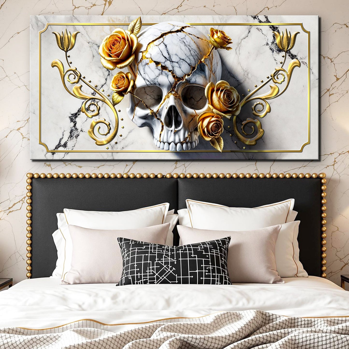 3D Rose and Skull Wall Art canvas by Tailored Canvases with gold roses on marble skull on Tampa Home & Garden Store