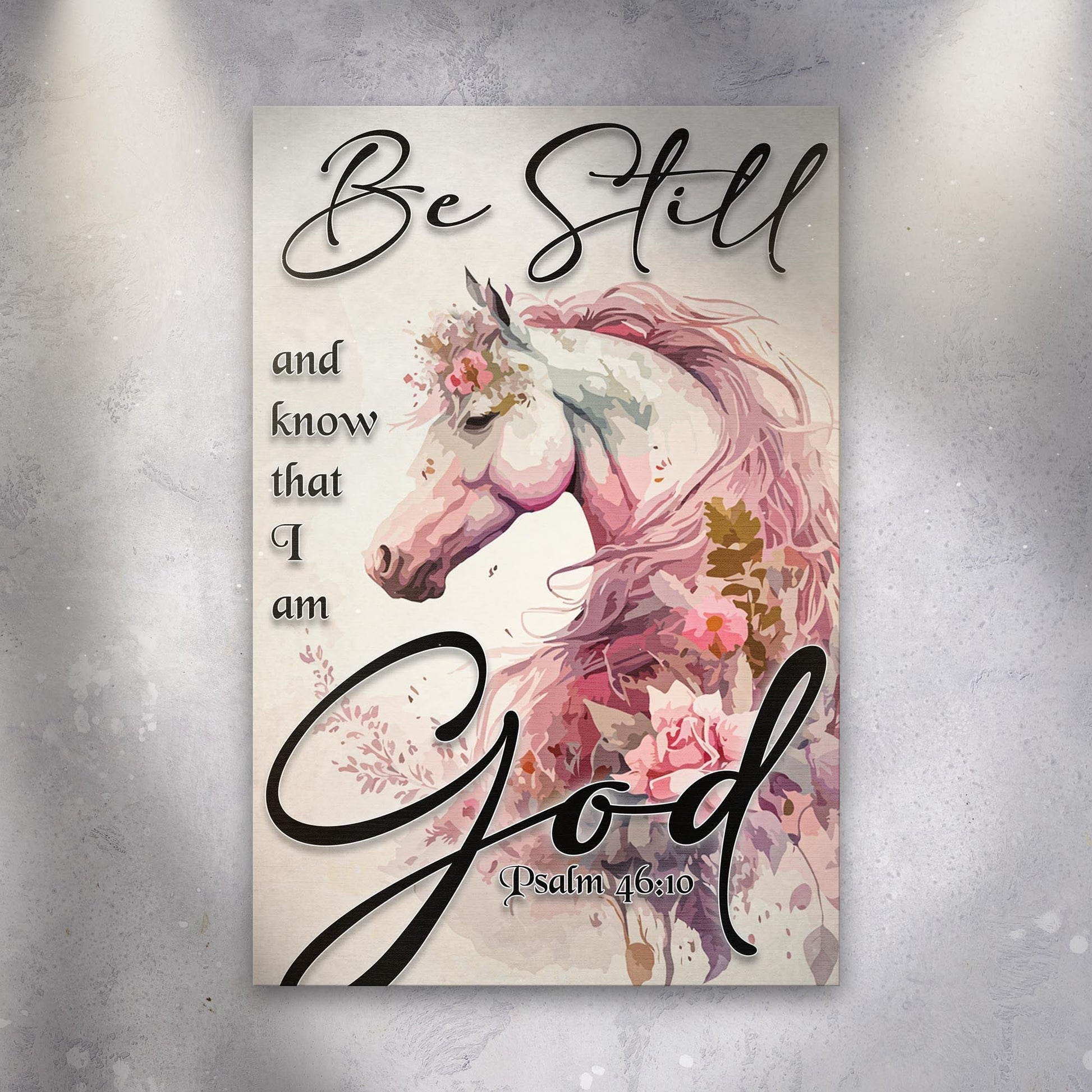 Be Still canvas sign with floral unicorn and Psalm 46:10 text on cream background on Tampa Home & Garden Store