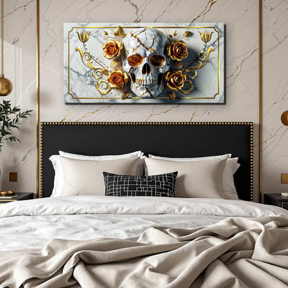 3D Rose and Skull Wall Art II canvas with marble backdrop, gilded roses and gold trim by Tailored Canvases on Tampa Home & Garden Store