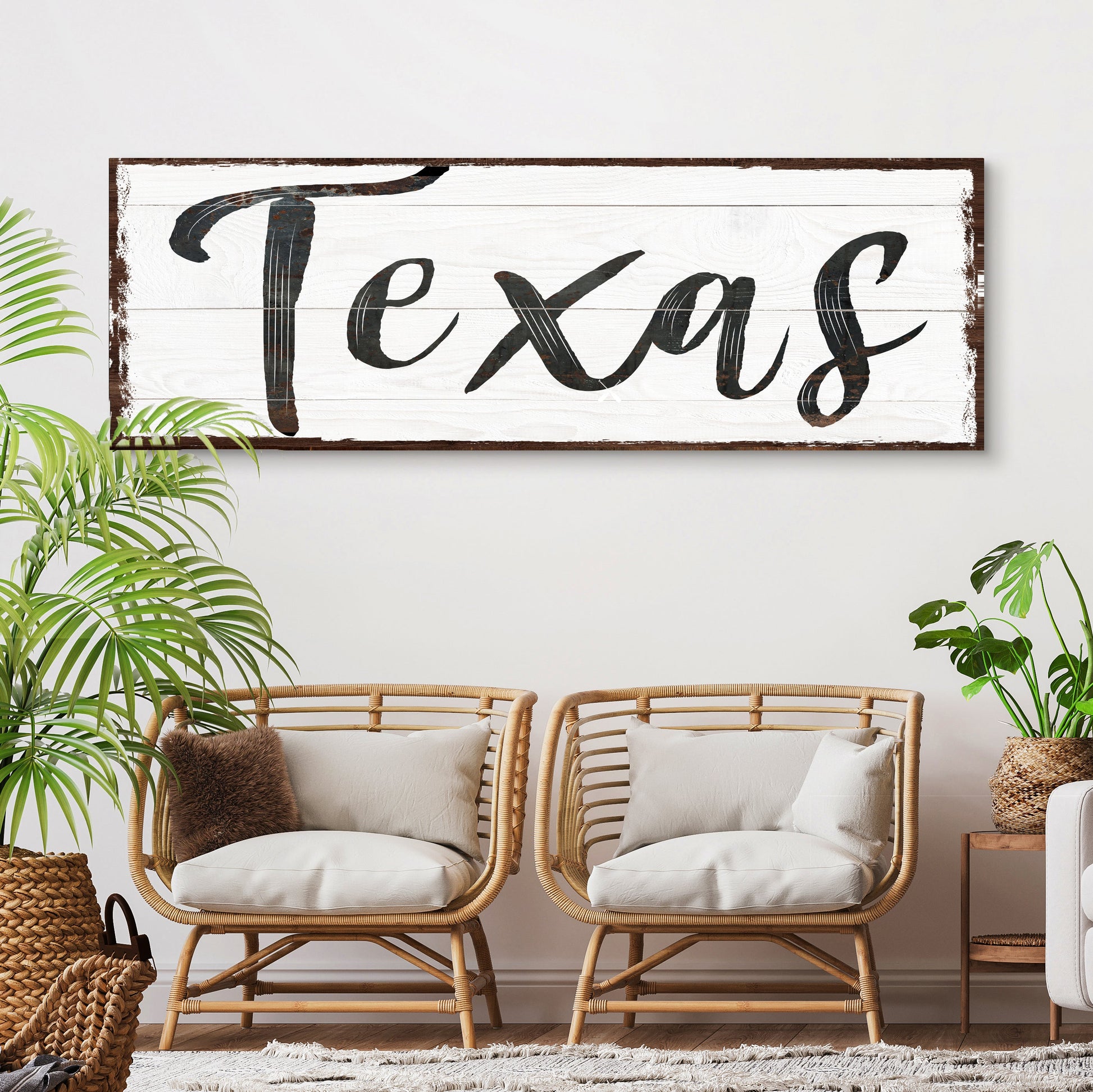 Texas Home Sign III canvas decor on white wood with bold Texas script by Tailored Canvases on Tampa Home & Garden Store