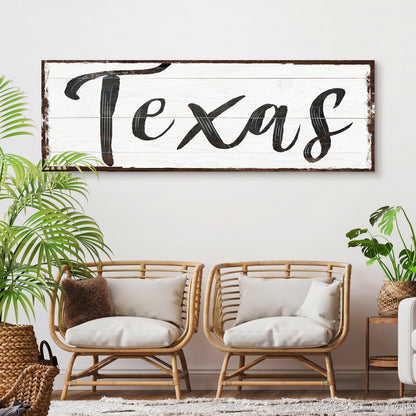 Texas Home Sign III canvas decor on white wood with bold Texas script by Tailored Canvases on Tampa Home & Garden Store
