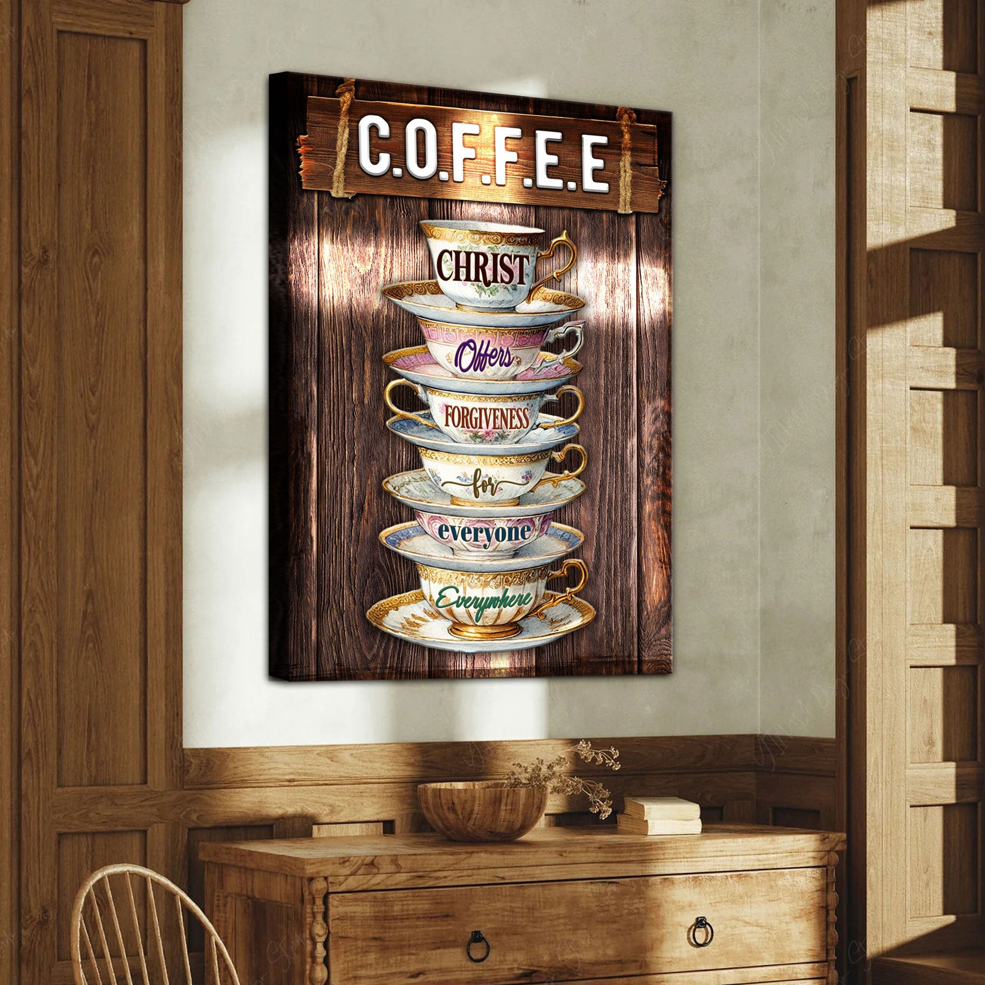 Our C.O.F.F.E.E Faith Sign VIII canvas artwork featuring stacked teacups on a wood backdrop on Tampa Home & Garden Store