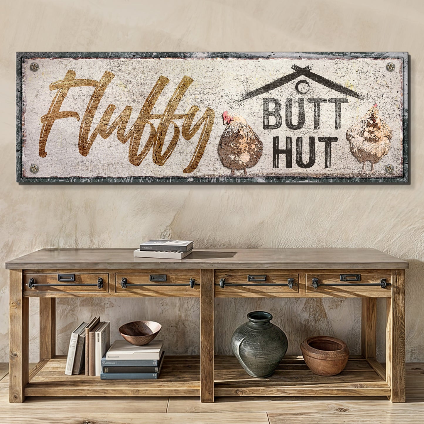 Canvas sign Fluffy Butt Hut Chicken Coop Sign II with rustic finish by Tailored Canvases on Tampa Home & Garden Store