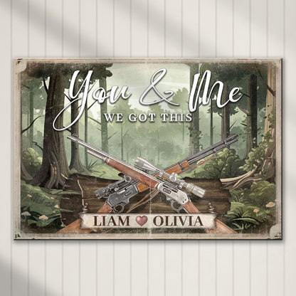 Gun themed We Got This couple sign canvas with woods backdrop and crossed rifles LIAM OLIVIA on Tampa Home & Garden Store