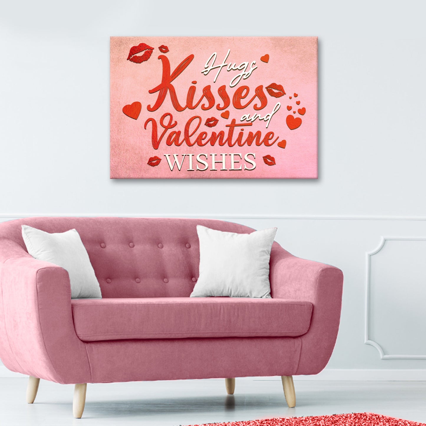Canvas sign Hugs Kisses and Valentine Wishes by Tailored Canvases, with red script and hearts on Tampa Home & Garden Store