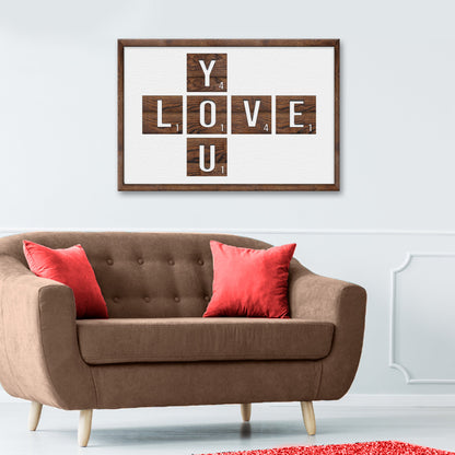 Valentine canvas sign with wooden letter tiles spelling LOVE YOU in a brown frame on Tampa Home & Garden Store