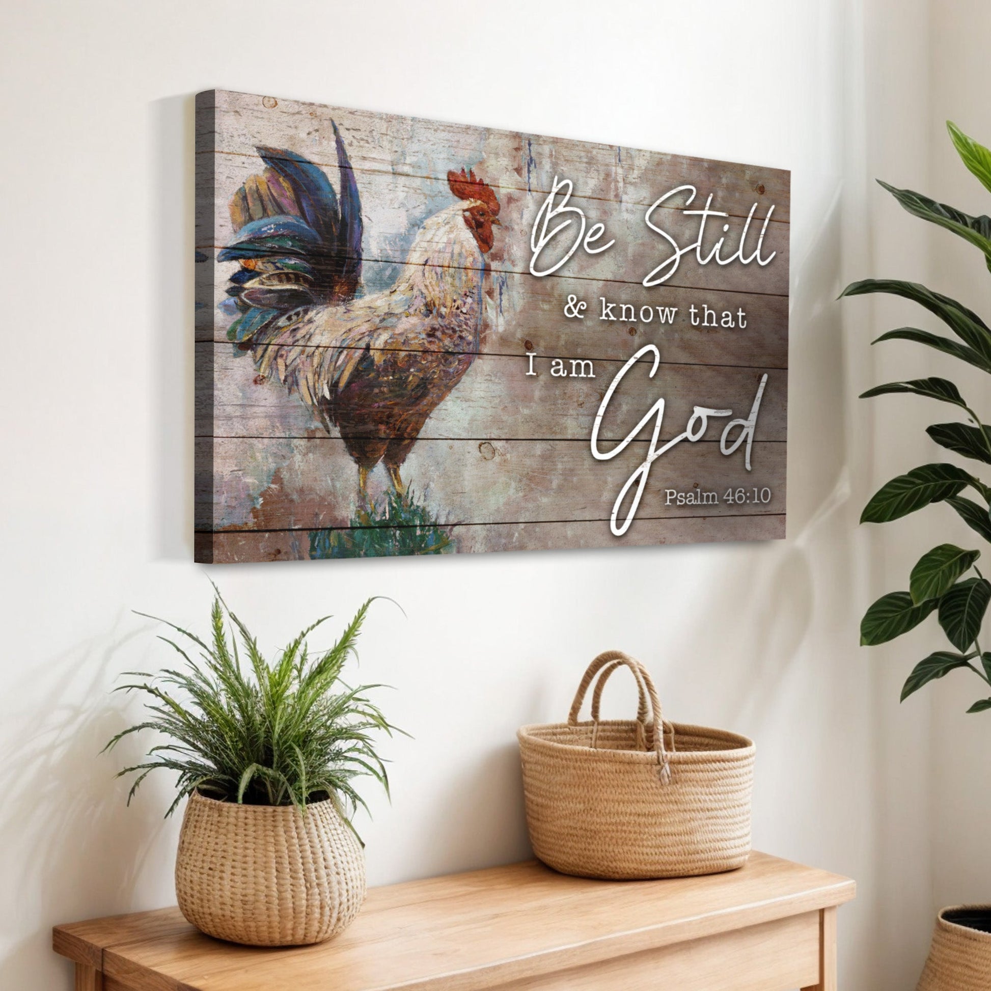 Be Still Faith Sign canvas by Tailored Canvases with rustic wood planks and rooster art on Tampa Home & Garden Store