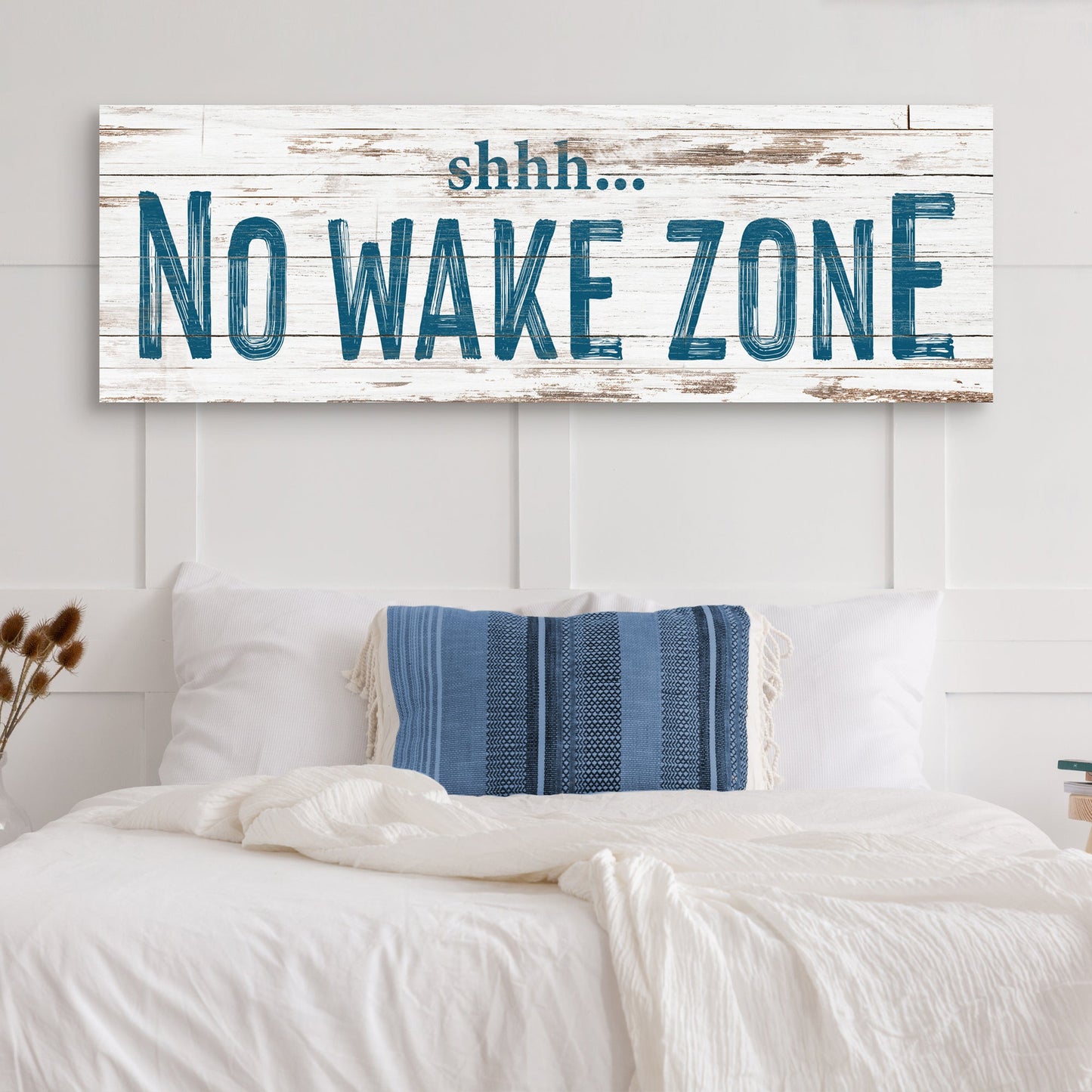 No Wake Zone XIII canvas by Tailored Canvases with distressed wood backdrop and teal text on Tampa Home & Garden Store