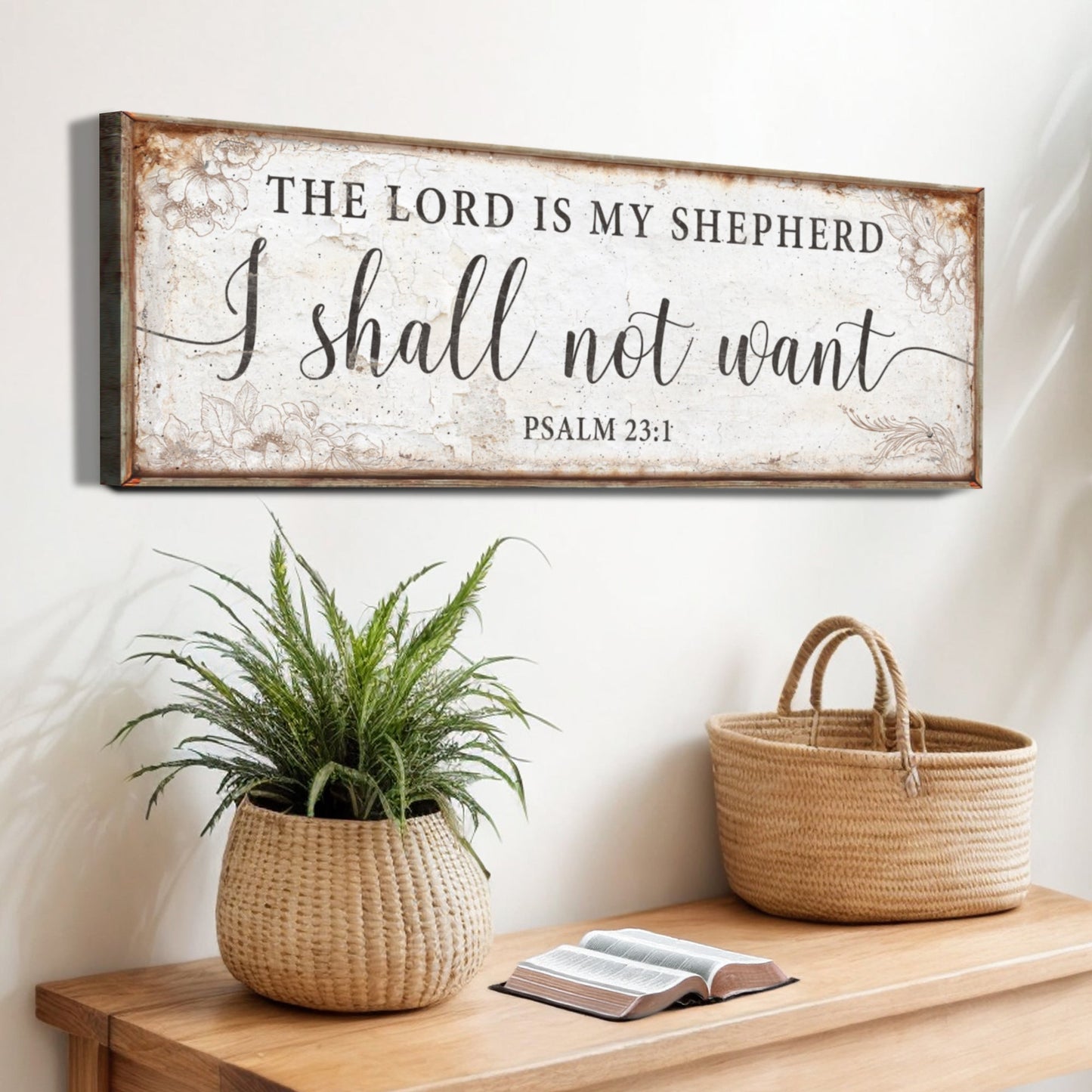 Canvas faith sign by Tailored Canvases; rustic frame and floral accents, two baskets on Tampa Home & Garden Store
