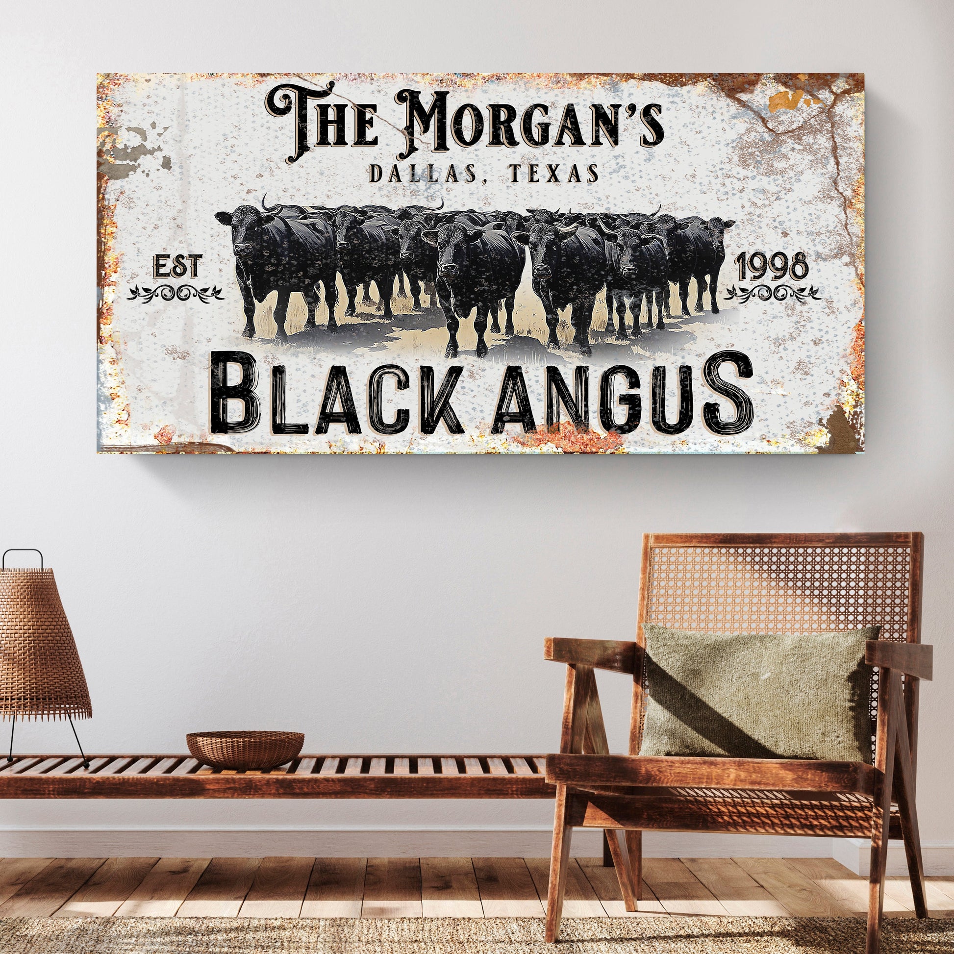 Personalized Black Angus Cattle Sign II canvas by Tailored Canvases with white background on Tampa Home & Garden Store