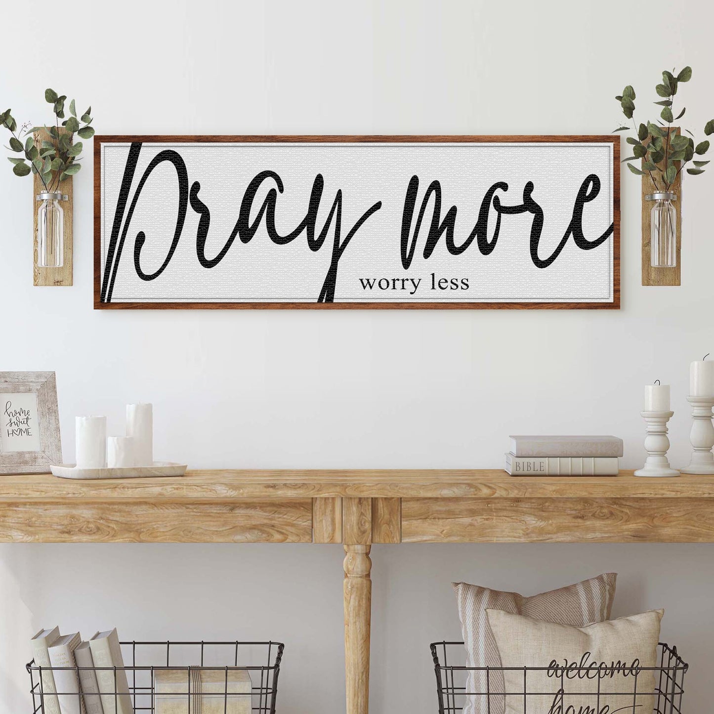 Pray More Worry Less Faith Sign IV canvas with black script on white textured background on Tampa Home & Garden Store