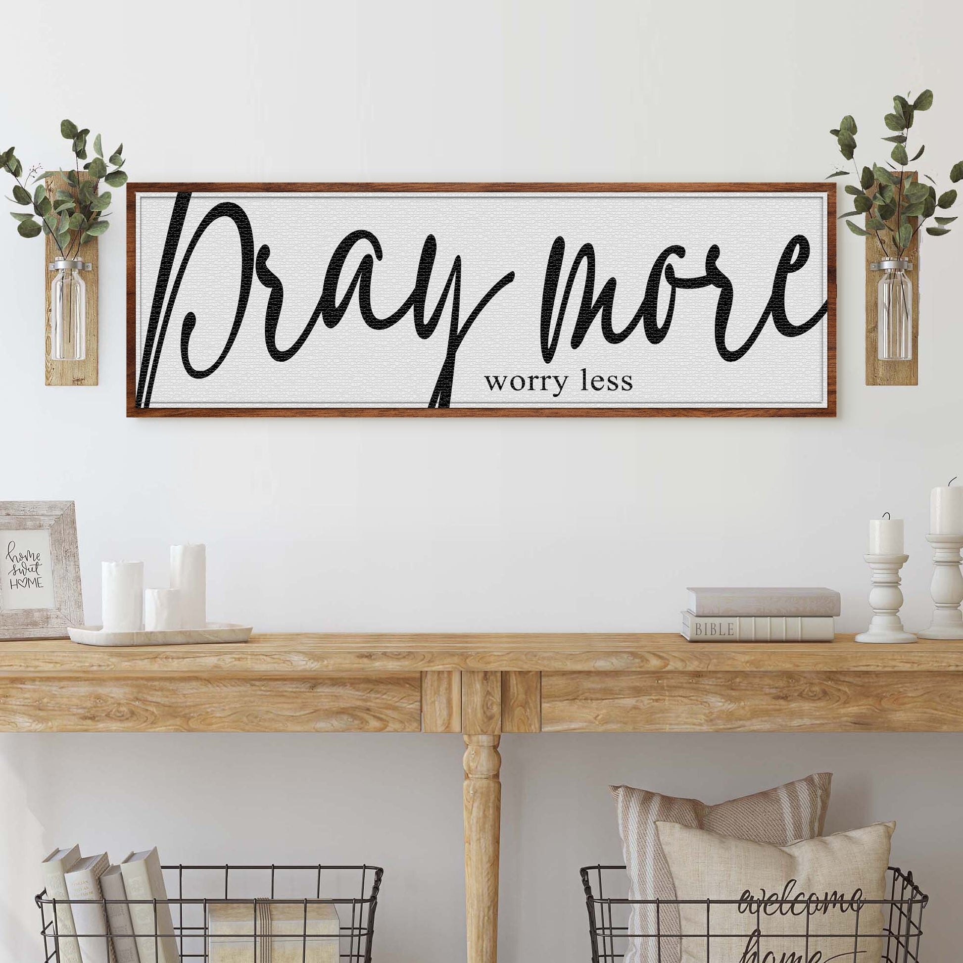 Pray More Worry Less Faith Sign IV canvas with black script on white textured background on Tampa Home & Garden Store