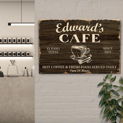 Cafe Sign III canvas wall art by Tailored Canvases with dark wood grain and cream serif lettering on Tampa Home & Garden Store