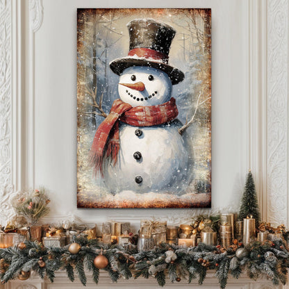 Vintage Snowman Christmas Wall Art canvas by Tailored Canvases with top hat and red scarf on Tampa Home & Garden Store