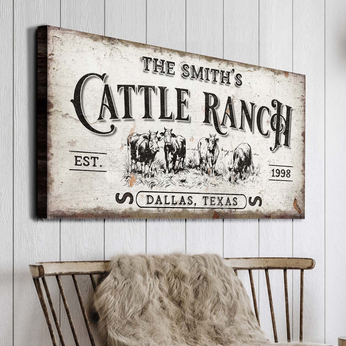 Branded Cattle Ranch Sign canvas with distressed vintage look and cattle illustration on Tampa Home & Garden Store