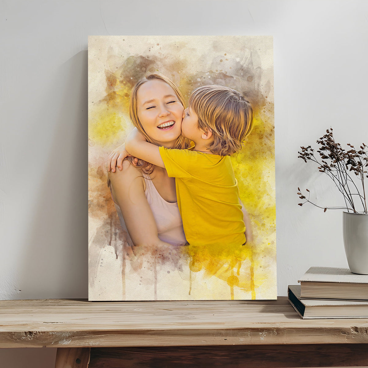 Mother's Day Watercolor Sign canvas by Tailored Canvases, mother and child embrace with warm watercolor backdrop on Tampa Home & Garden Store