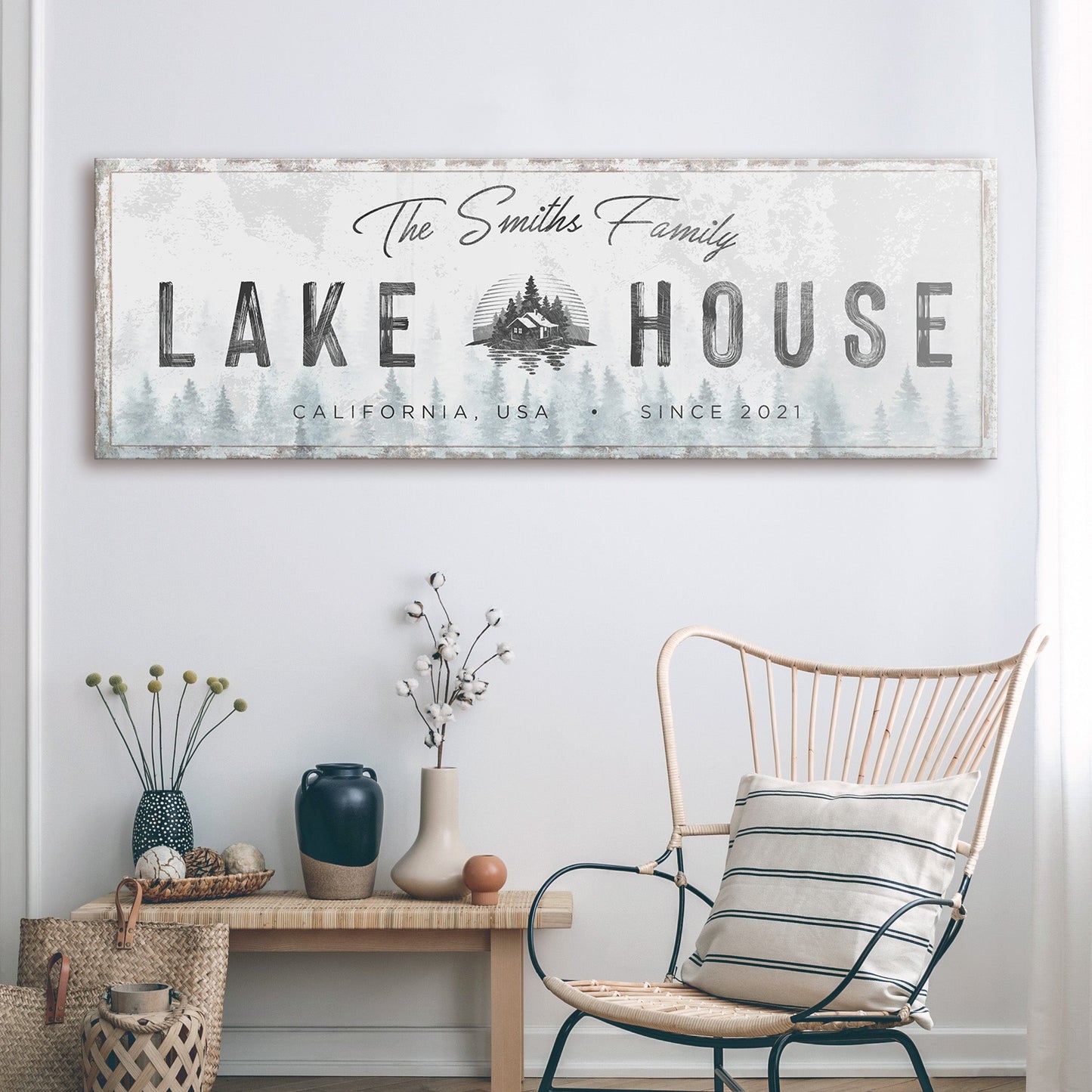 Family Lake House Sign II canvas by Tailored Canvases with a rustic distressed white finish on Tampa Home & Garden Store