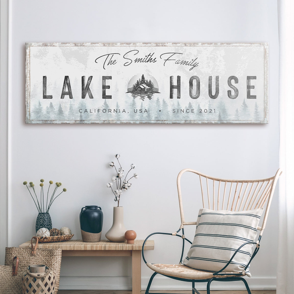 Family Lake House Sign II canvas by Tailored Canvases with a rustic distressed white finish on Tampa Home & Garden Store