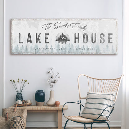 Family Lake House Sign II canvas by Tailored Canvases with a rustic distressed white finish on Tampa Home & Garden Store