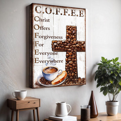 Canvas Our C.O.F.F.E.E Faith Sign V by Tailored Canvases featuring a coffee bean cross on rustic wood on Tampa Home & Garden Store