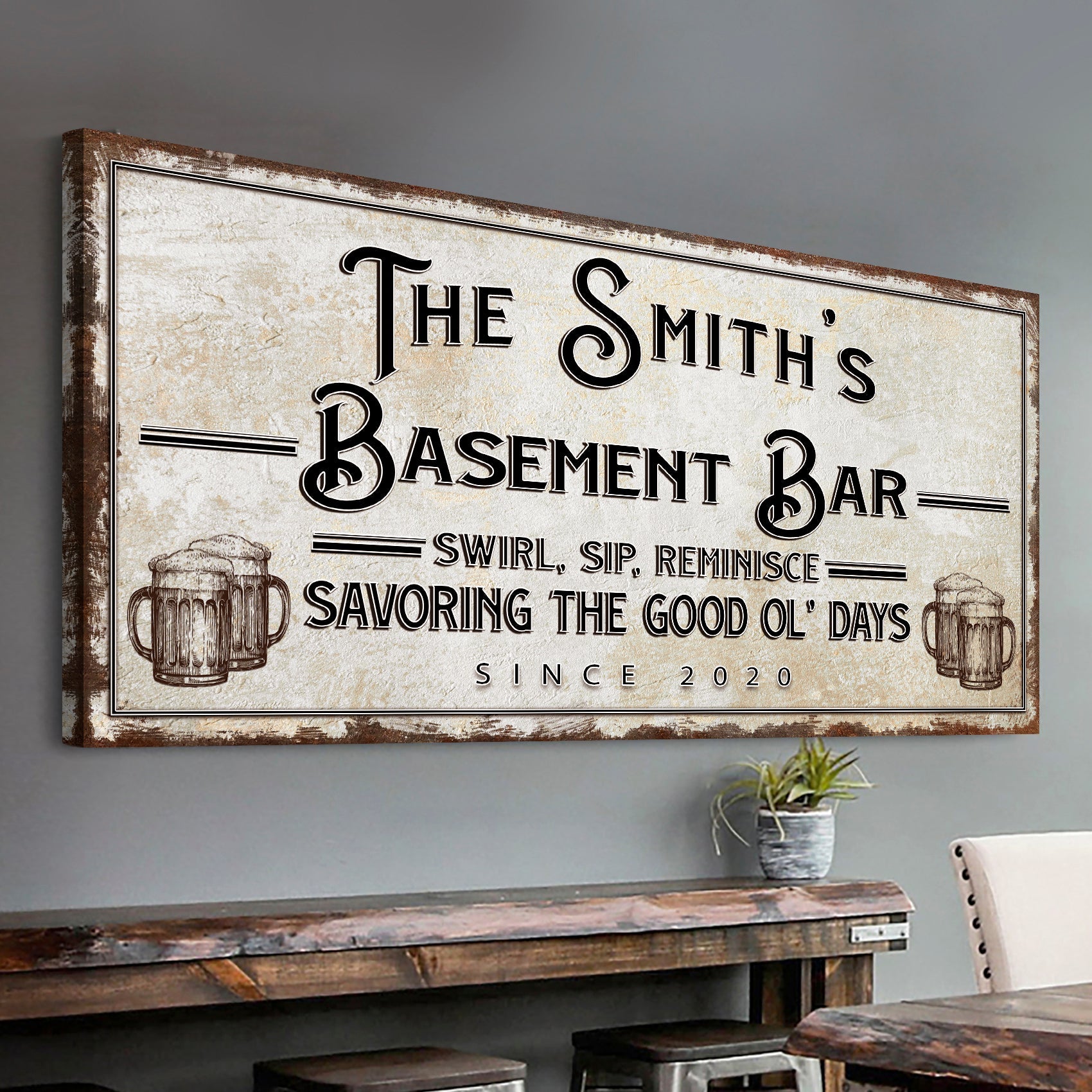 Swirl Sip Reminisce Basement Bar Sign canvas Tailored Canvases beige texture beer mugs on Tampa Home & Garden Store