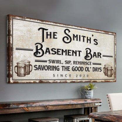Swirl Sip Reminisce Basement Bar Sign canvas Tailored Canvases beige texture beer mugs on Tampa Home & Garden Store