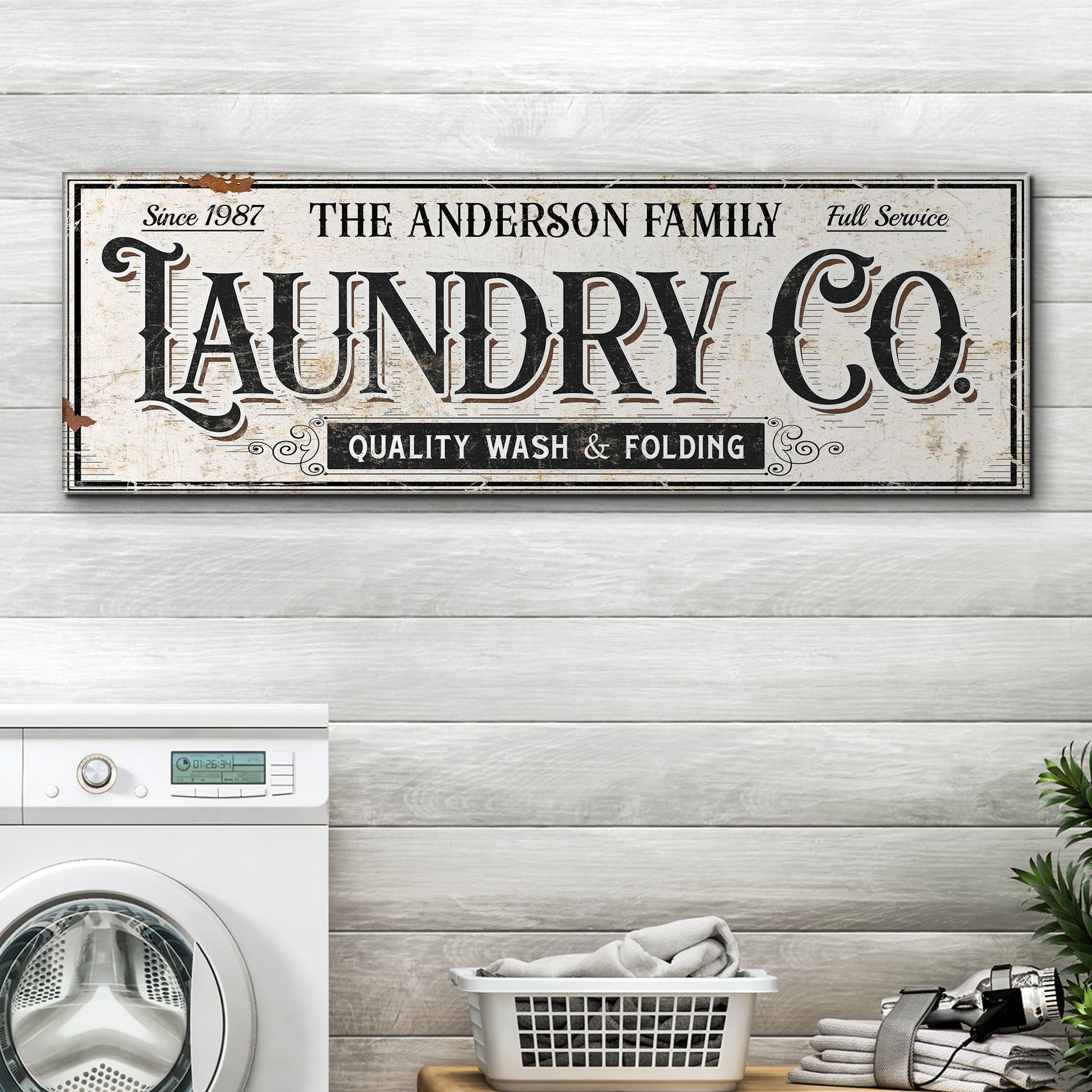 The Laundry Room Sign VIII canvas wall art with vintage weathered beige lettering on Tampa Home & Garden Store