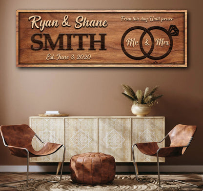 From This Day Until Forever Sign canvas with Mr & Mrs rings on wood backdrop Tailored Canvases on Tampa Home & Garden Store
